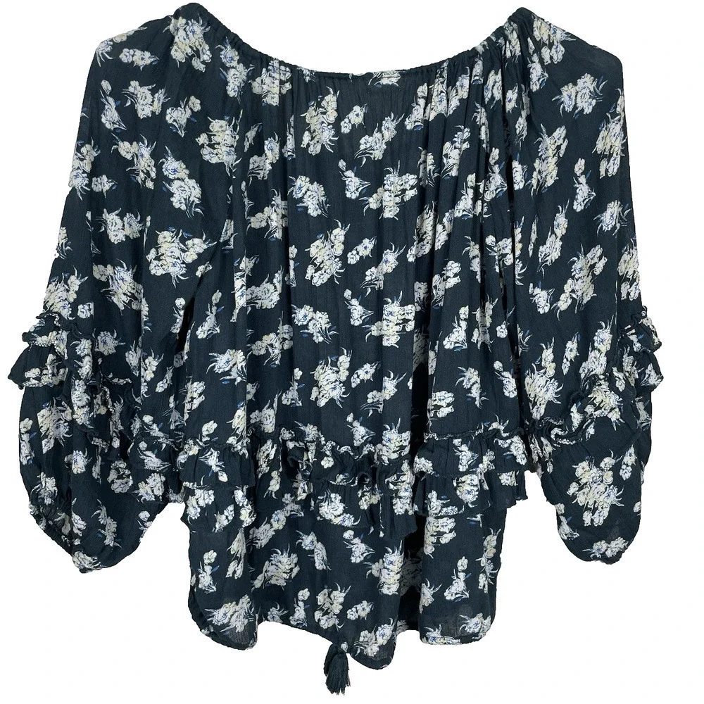 Denim & Supply Ralph Lauren RL Boho Top Womens Sz XS Navy Floral Peasant Tassels